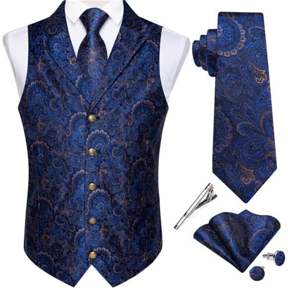 Men's Formal Waistcoat Vest Fit Blue Gold